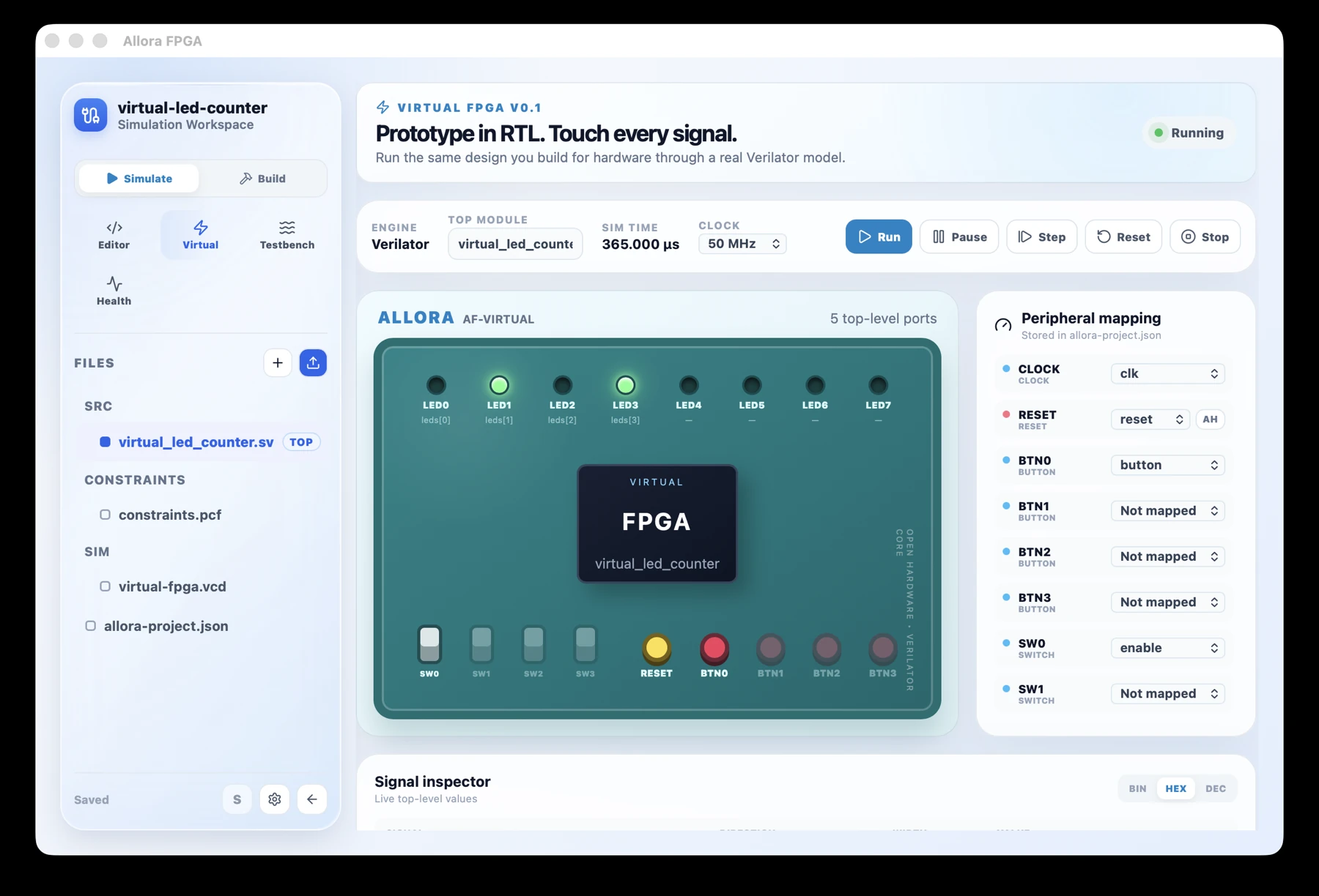 Allora Virtual FPGA workspace with mapped controls, LEDs, and signals