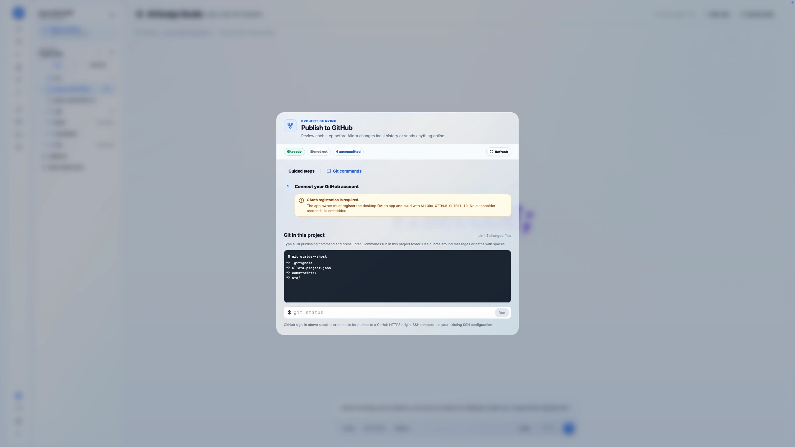 Allora Publish to GitHub dialog showing Git command mode and local file status while signed out