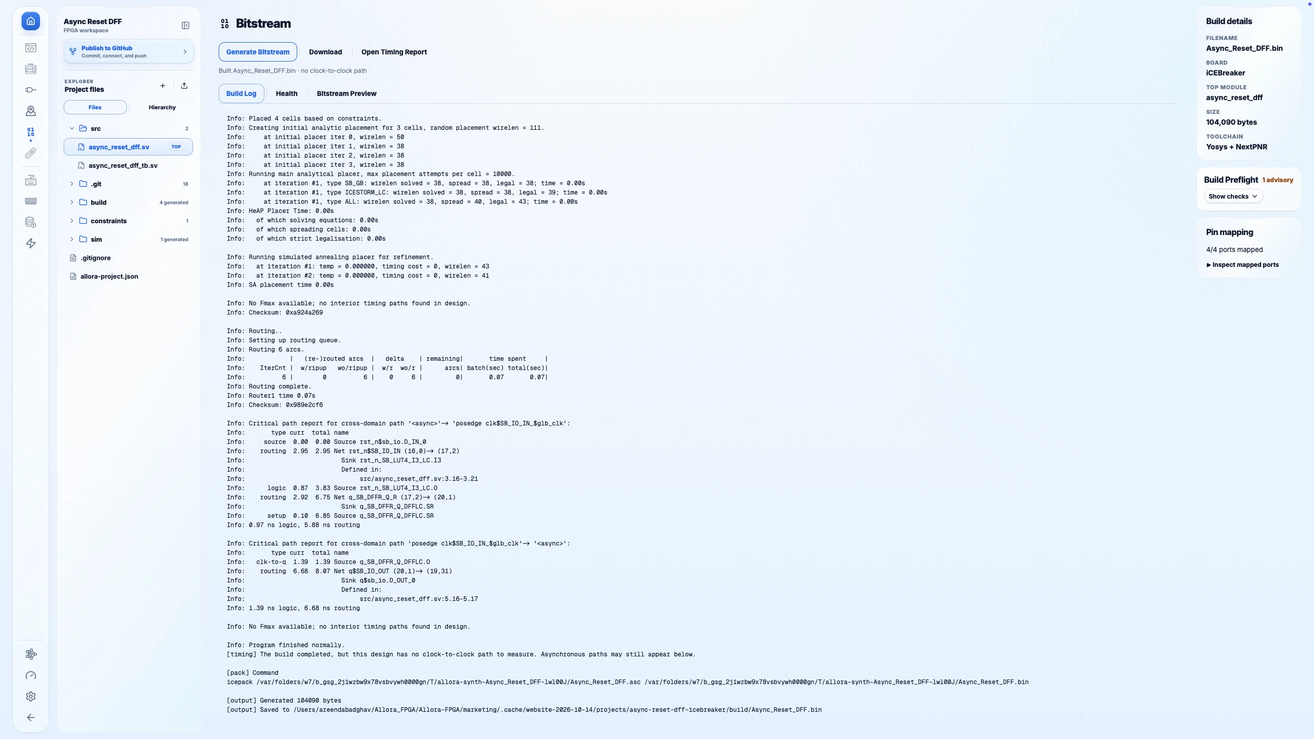 Allora Bitstream workspace with Health, Build Log, and Bitstream Preview tabs