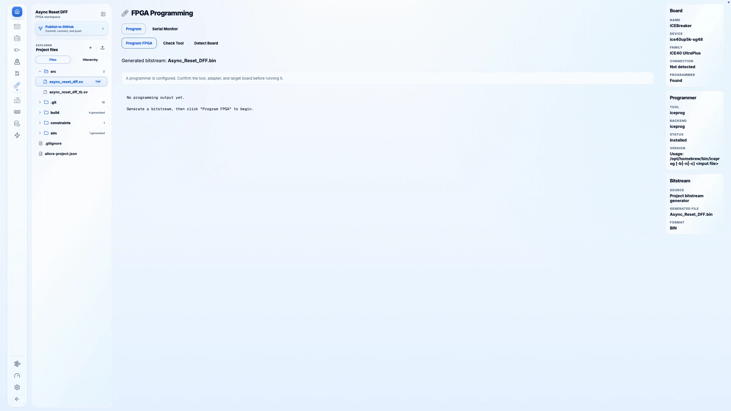 Allora Program workspace with bitstream and programmer controls; hardware is not connected